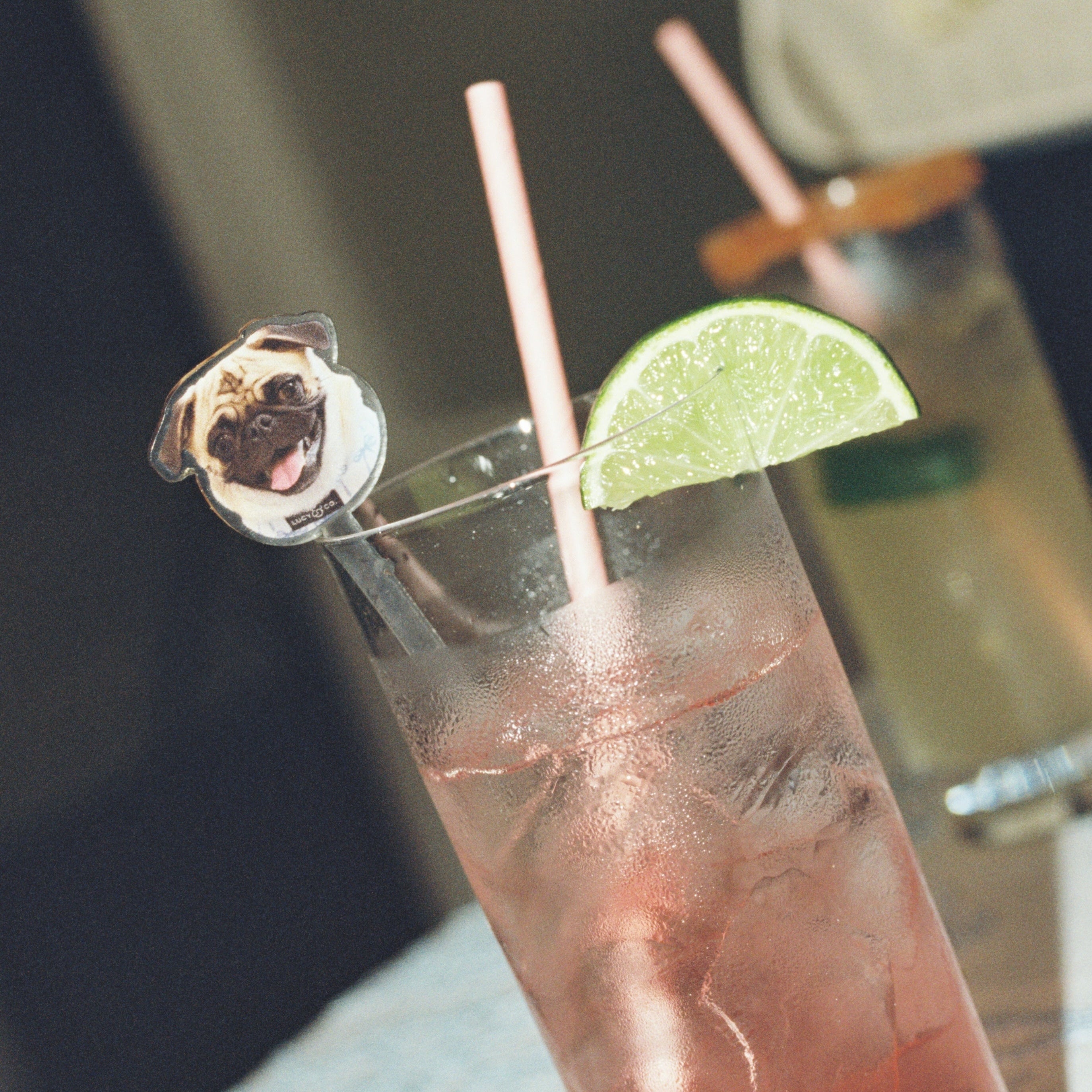 Custom wedding drink stirrer featuring the couple’s dog, displayed in a pink signature cocktail with a lime garnish.
