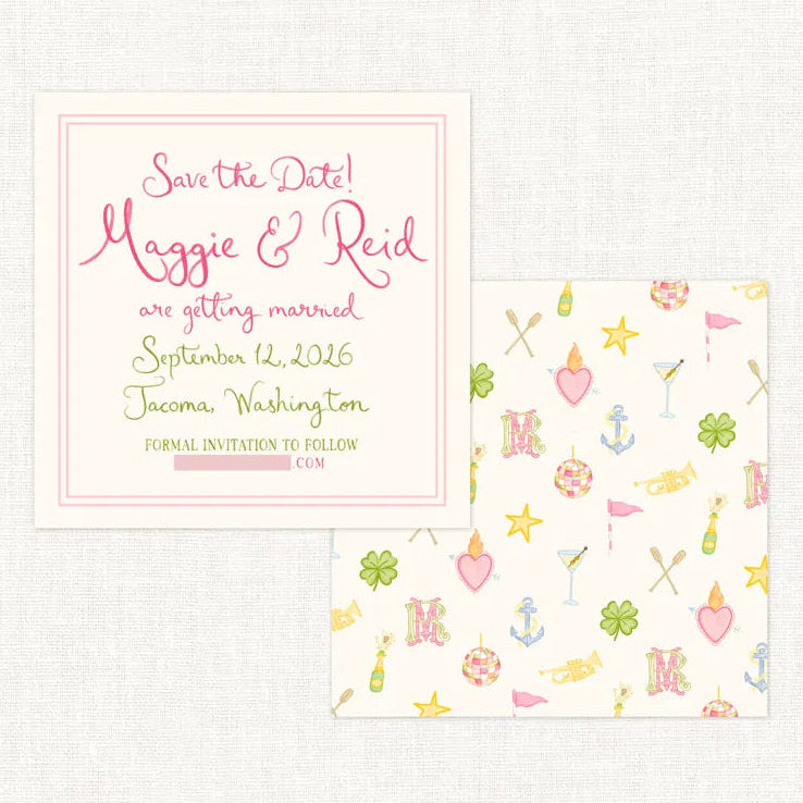 Custom whimsical and playful save the date card featuring colorful typography and a coordinating illustrated pattern for a personalized wedding stationery suite.