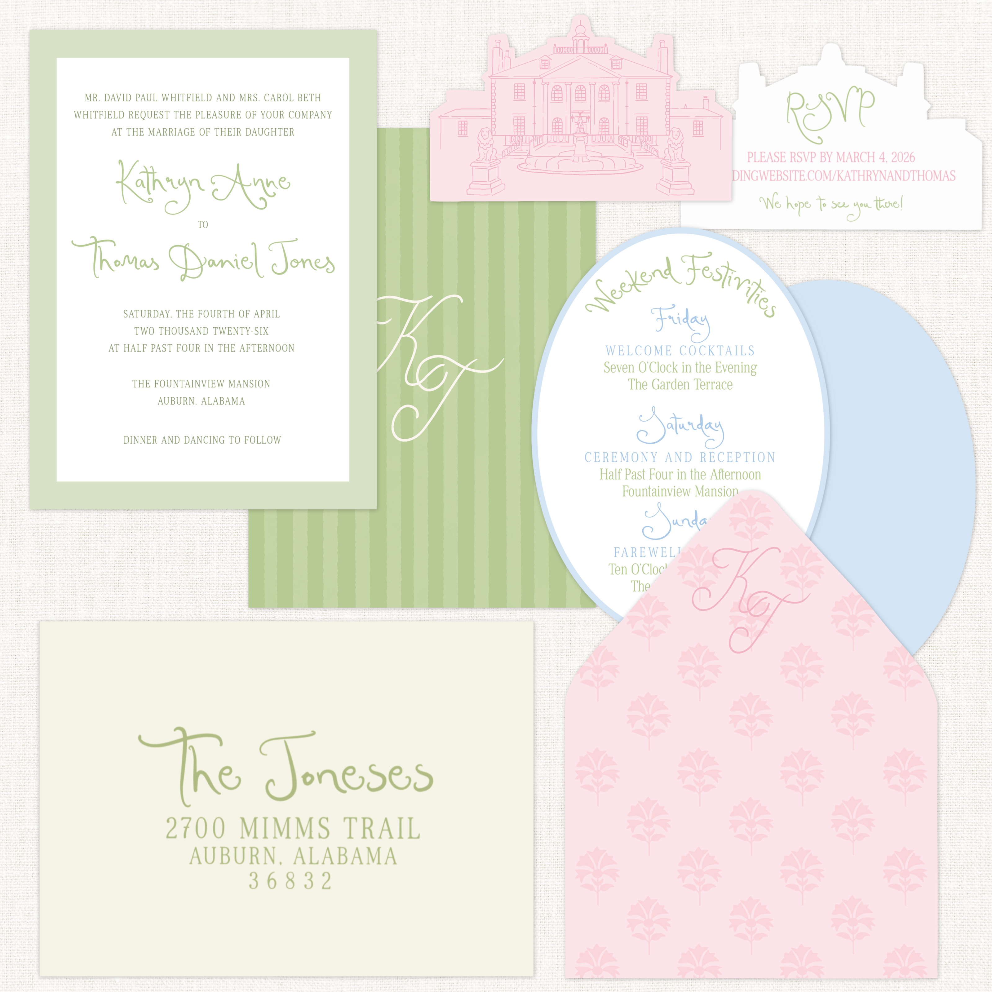 Custom wedding invitation suite featuring a layered invitation, RSVP card, weekend itinerary, monogrammed envelope liner, and coordinating envelope in soft pastel garden party colors.